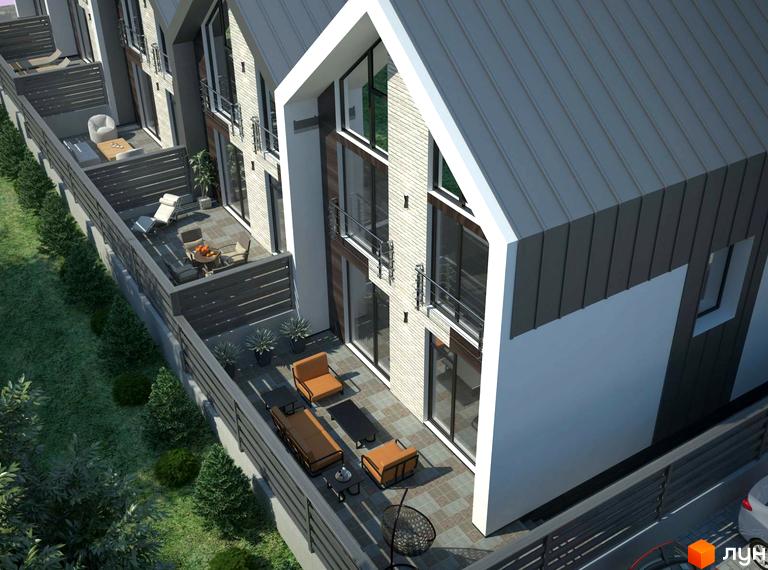 Зображення житлового комплексу CLUB HOME - SOFIA. Двоповерхові будинки з великими вікнами та терасами. На прибудинковій території є зона відпочинку з меблями.