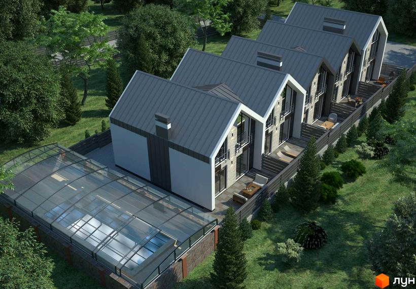 Клубний будинок CLUB HOME - SOFIA з закритою терасою біля басейну та зеленим ландшафтом. Сучасна архітектура та затишна атмосфера для комфортного життя.