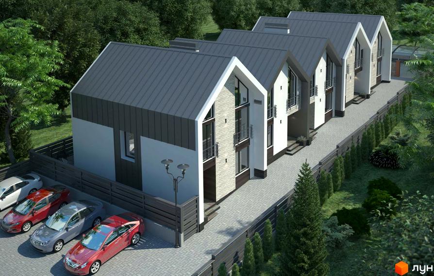 Зображення житлового комплексу CLUB HOME - SOFIA. На фото ряд будинків з сірими дахами, білими стінами та великими вікнами. Перед будинками парковка з автомобілями.
