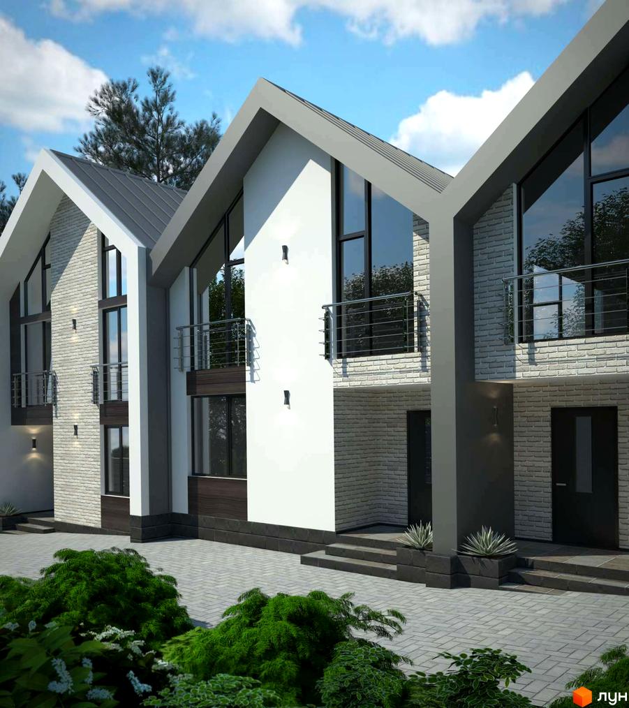 Зовнішній вигляд клубного будинку CLUB HOME - SOFIA з білої цегли та великими вікнами, на тлі блакитного неба та зелені. Прибудинкова територія з бруківки та кущів.