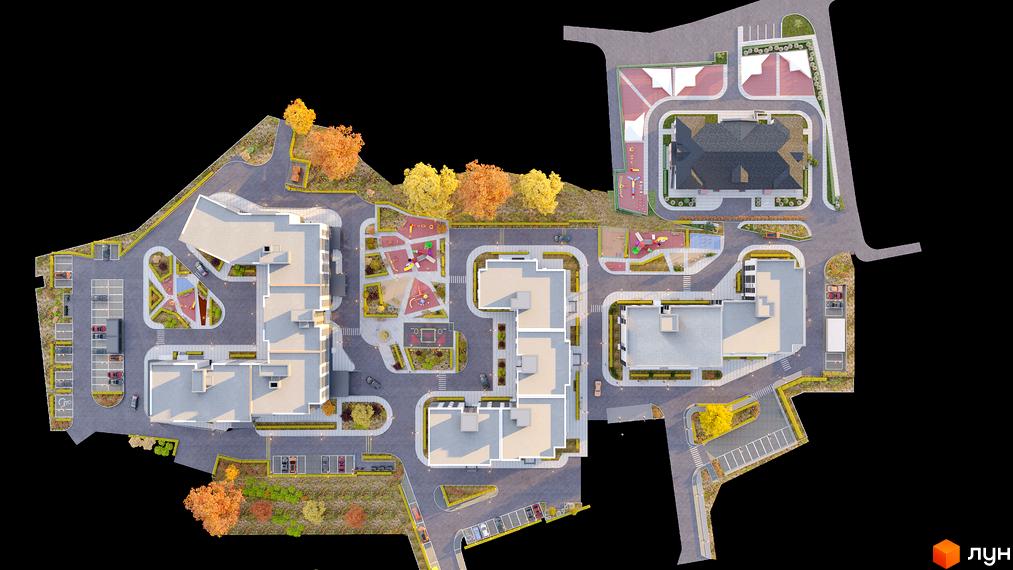 Житловий комплекс Родинний маєток з сучасними будинками та доглянутою прибудинковою територією з дитячими майданчиками та парковками.