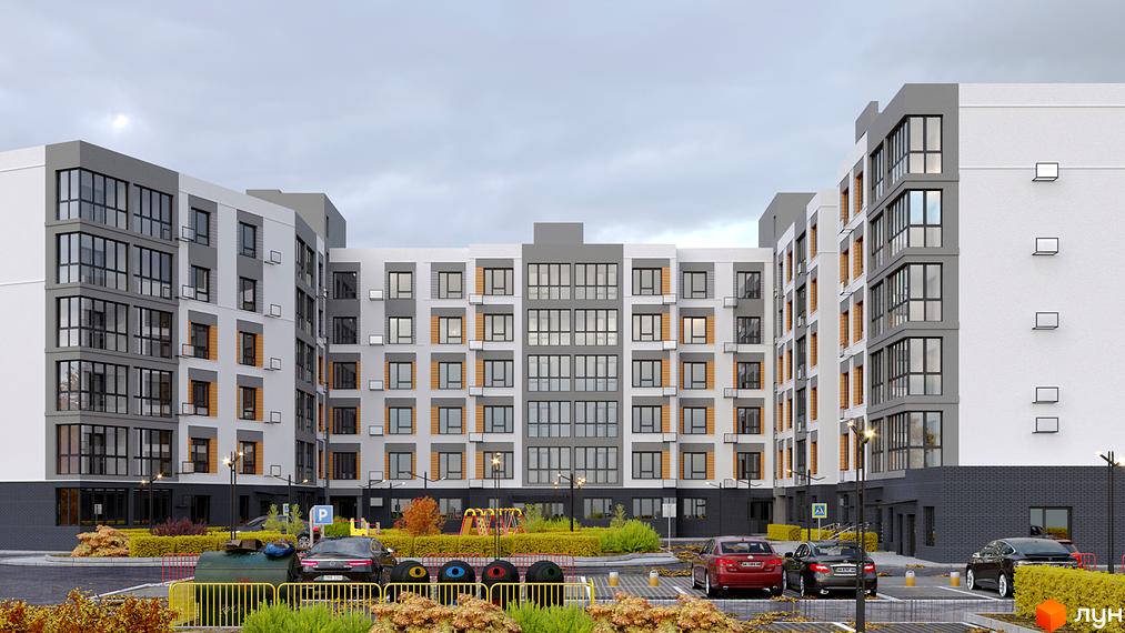 Житловий комплекс Родинний маєток - сучасна новобудова з великою кількістю вікон та балконів, упорядкована прибудинкова територія з парковкою та дитячим майданчиком.