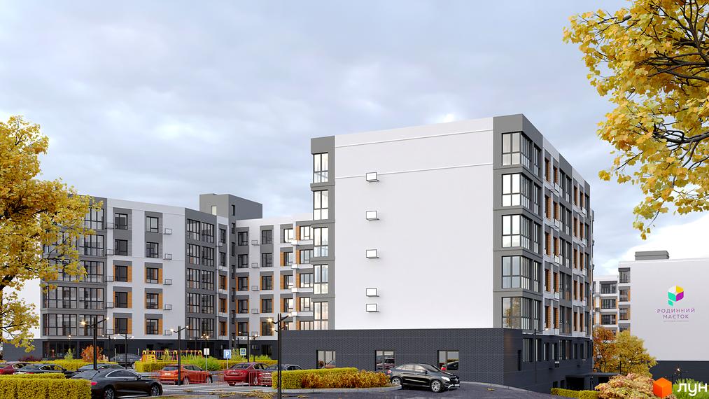 Зовнішній вигляд житлового комплексу Родинний маєток з сірими та білими фасадами, великими вікнами та прибудинковою територією з парковкою та деревами.