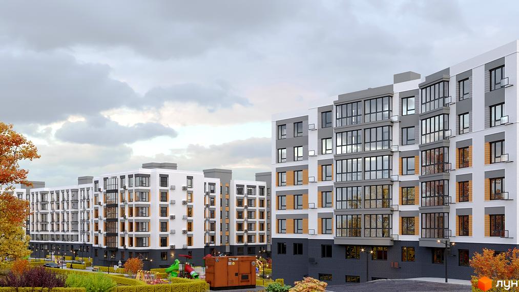 Новобудова ЖК Родинний маєток з великими вікнами та балконами, поруч дитячий майданчик та зелена зона.