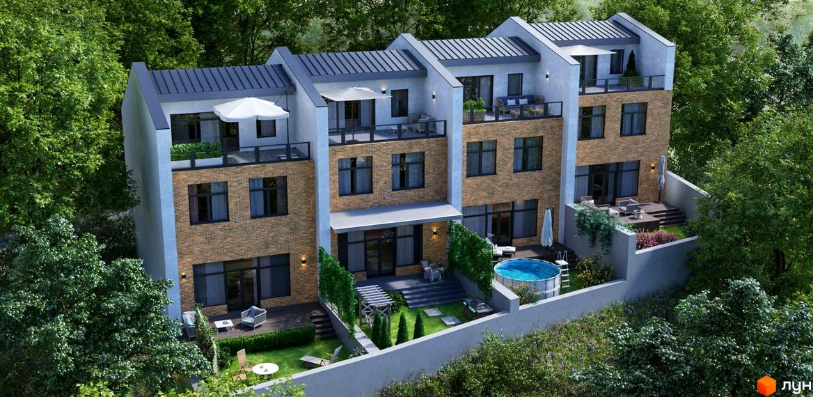Таунхауси Park Golosievo: триповерхові будинки з цегляним фасадом, балконами та прибудинковою територією з басейном та зеленими насадженнями.
