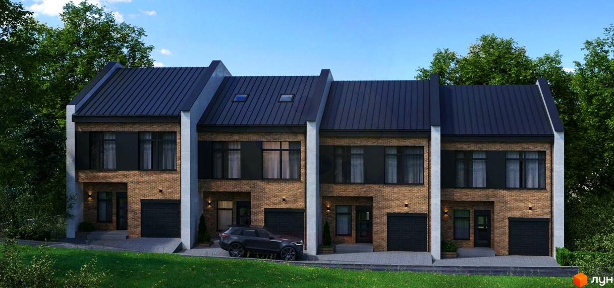 Таунхауси Park Golosievo з цегляним фасадом та темним дахом, розташовані на фоні зелених дерев та блакитного неба. Перед будинками облаштований двір з доріжками та газоном.