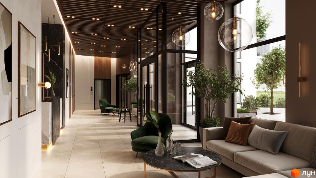 Лобі житлового комплексу SYMBOL з диваном, кріслами та кавовим столиком. Просторий хол з великими вікнами та рослинами.