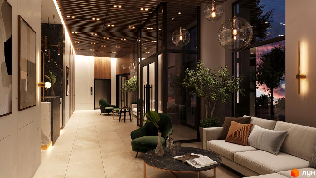Лобі житлового комплексу SYMBOL з диванами, деревами та освітленням. Сучасний дизайн інтер'єру новобудови.