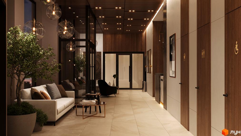 Дизайн холу житлового комплексу SYMBOL з диваном, рослинами та дверима з піктограмами.
