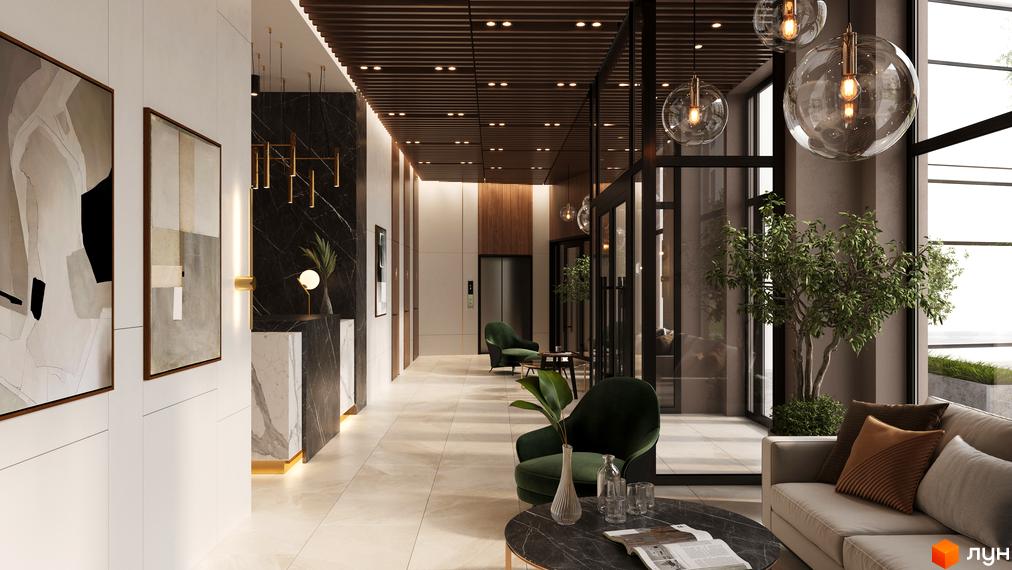 Інтер'єр лобі житлового комплексу SYMBOL з елементами мармуру, дерева та стильних світильників. Простір оформлений у сучасних тонах, створюючи затишну атмосферу.