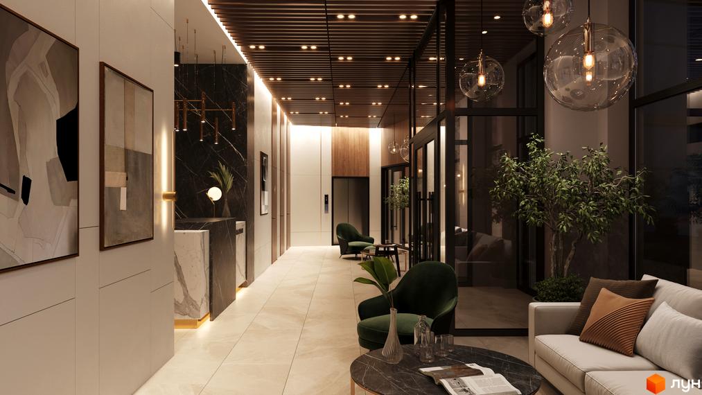 Лобі житлового комплексу SYMBOL з елегантним дизайном, мармуровим оздобленням та арт-об'єктами. Зона відпочинку з кріслами та журнальним столиком.