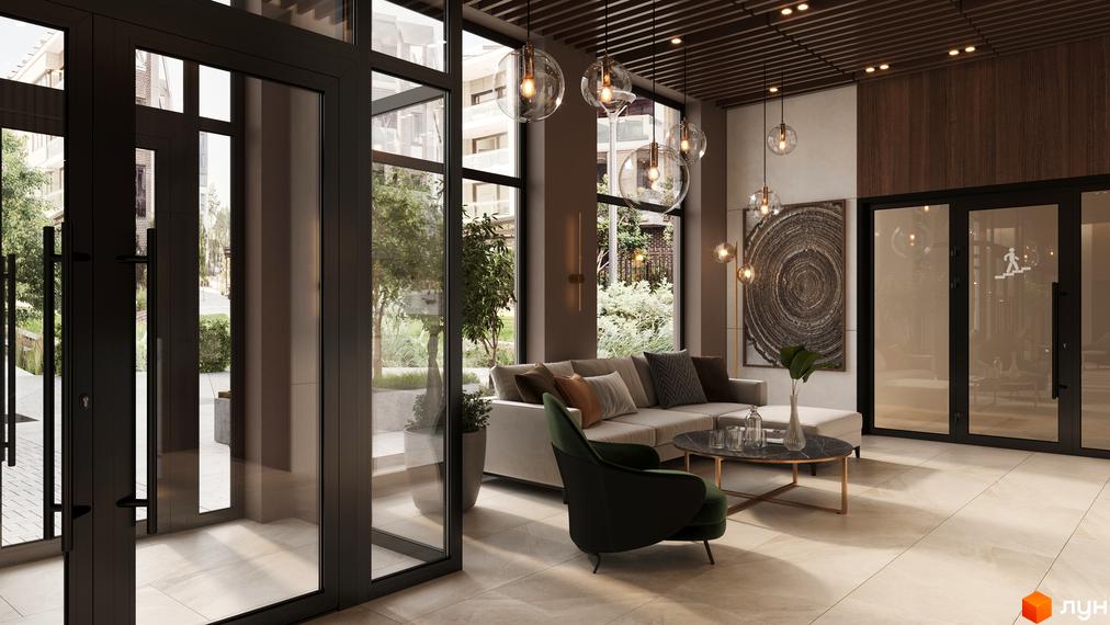 Дизайн холу житлового комплексу SYMBOL з диваном, кріслом та журнальним столиком. Великі вікна виходять на зелену прибудинкову територію.