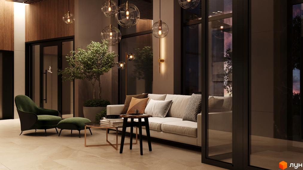 Вітальня зона в ЖК SYMBOL з диваном, кріслом та журнальними столиками. Сучасний дизайн інтер'єру з великими вікнами та рослинами.