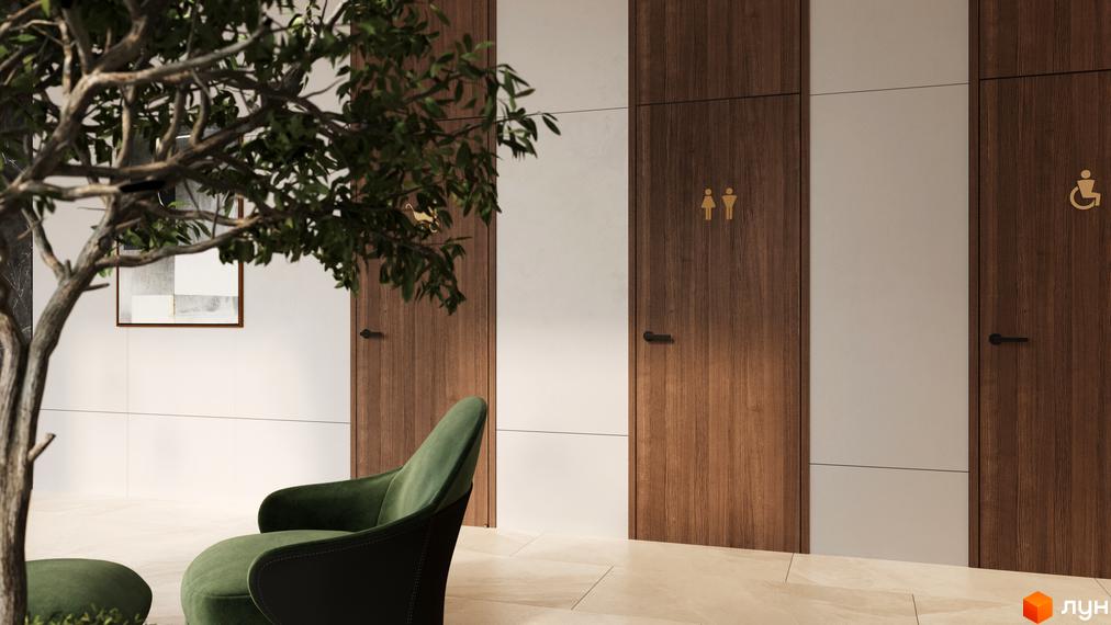 Вхідна група житлового комплексу SYMBOL з дерев'яними дверима та зручними кріслами. Сучасний дизайн інтер'єру з елементами зелені.