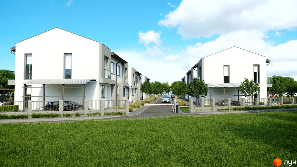 Котеджне містечко Sokilnyky GrandHouse. Зовнішній вигляд двоповерхових будинків з навісами для автомобілів та огородженою територією.