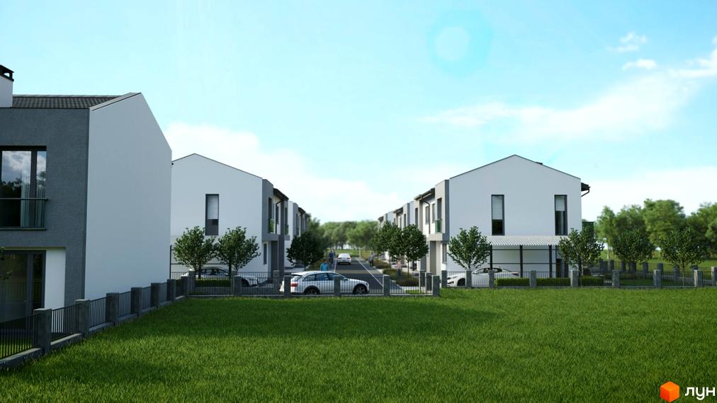 Котеджне містечко Sokilnyky GrandHouse з білими будинками та зеленим газоном. На території комплексу розташовані дерева та автомобілі.