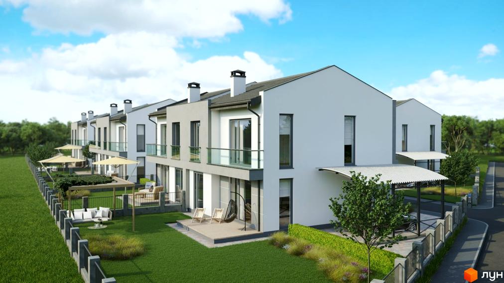 Котеджне містечко Sokilnyky GrandHouse: сучасні будинки з терасами та зеленим подвір'ям. Затишна прибудинкова територія з меблями та парасолями.