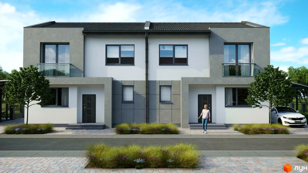 Котеджне містечко Sokilnyky GrandHouse: фасади будинків з великими вікнами та балконами, прибудинкова територія з деревами та автомобілем.