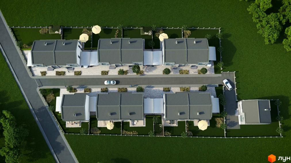Котеджне містечко Sokilnyky GrandHouse: вид зверху на ряди сучасних будинків з сірими дахами та доглянутою прибудинковою територією з газонами та деревами.
