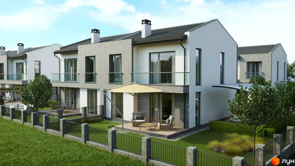 Котеджне містечко Sokilnyky GrandHouse: фасади будинків з панорамними вікнами та скляними балконами, зелена прибудинкова територія з парканом та зоною відпочинку.