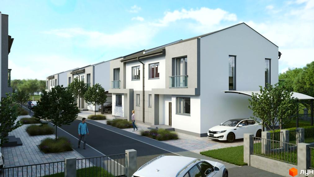 Котеджне містечко Sokilnyky GrandHouse: фасади будинків у сірих та білих тонах, з великими вікнами та балконами. Прибудинкова територія з доглянутими газонами, деревами та парковкою.