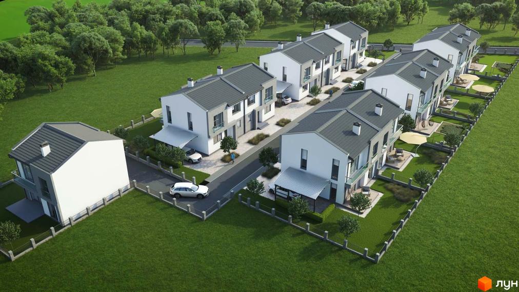Котеджне містечко Sokilnyky GrandHouse. Сучасні двоповерхові будинки з сірими дахами та білими фасадами, огороджені ділянки з газоном та деревами.
