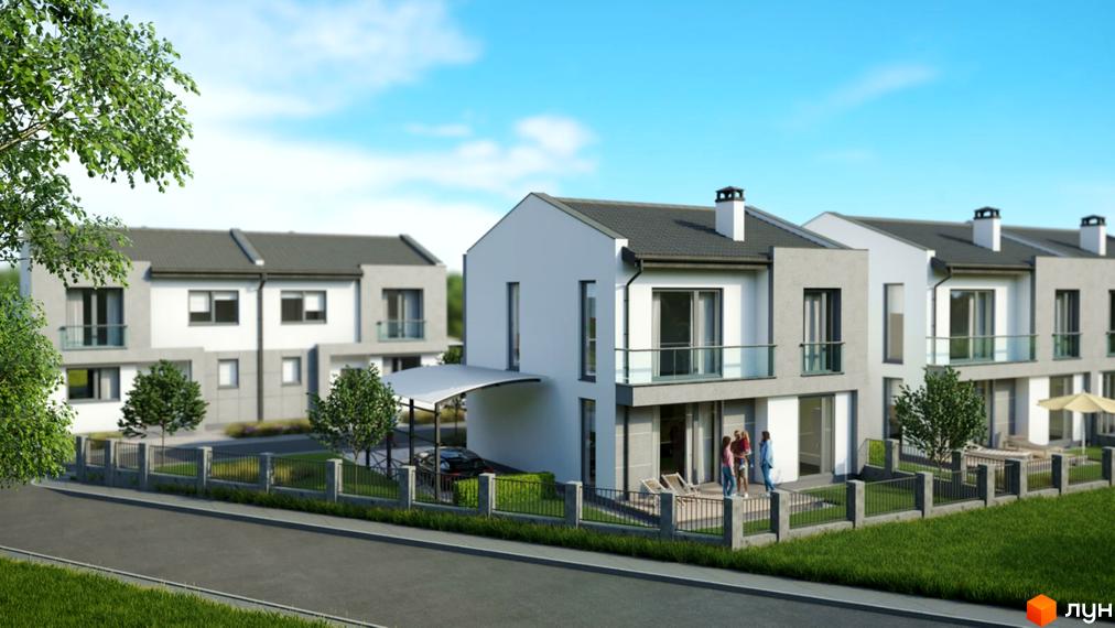 Котеджне містечко Sokilnyky GrandHouse - сучасні таунхауси з індивідуальними терасами та доглянутою прибудинковою територією, що оточена парканом.