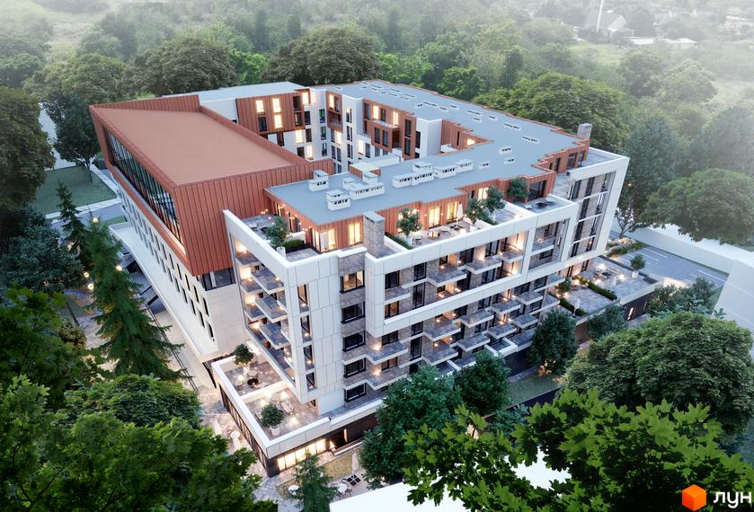 Зображення Житлового комплексу 111 Зелена з виглядом на фасад та прибудинкову територію з деревами.