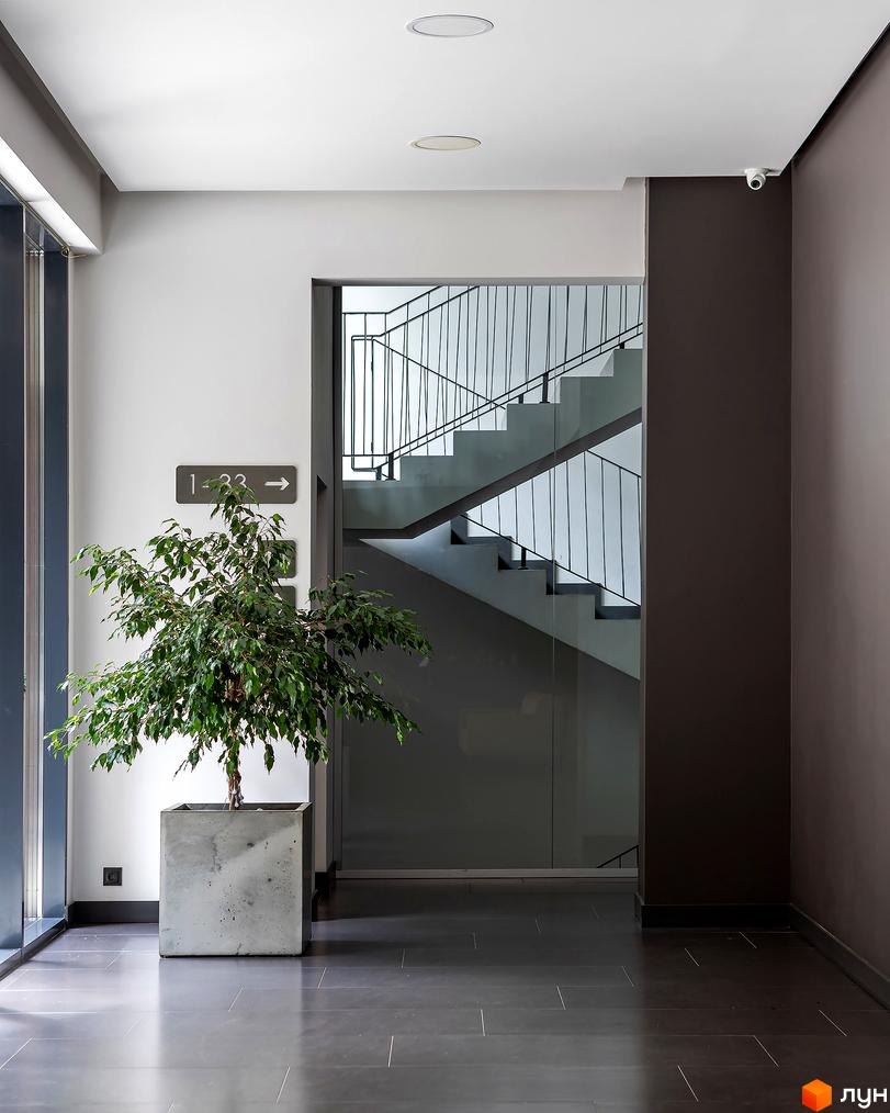 Інтер'єр ЖК Avalon Lux: сучасний хол з рослиною та сходами. Ознайомлення з плануванням квартир та поверхів.