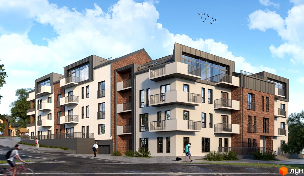 Новобудова ЖК На Розточчі з цегляними та білими фасадами, балконами та великими вікнами. Навколо будинку зелена зона та дорога.