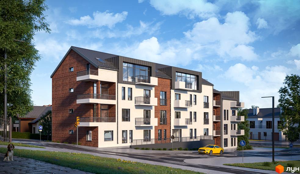 Житловий комплекс На Розточчі - це сучасна новобудова з цегляним фасадом та балконами, розташована біля дороги з пішохідним переходом та деревами.