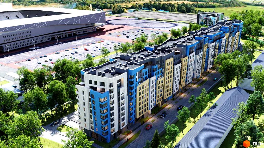 Житловий комплекс Парк Арена з яскравими фасадами та прибудинковою територією з деревами та дорогою.