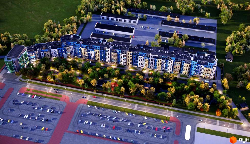 Житловий комплекс Парк Арена з багатоповерховими будинками та прибудинковою територією з парковкою та зеленими зонами.