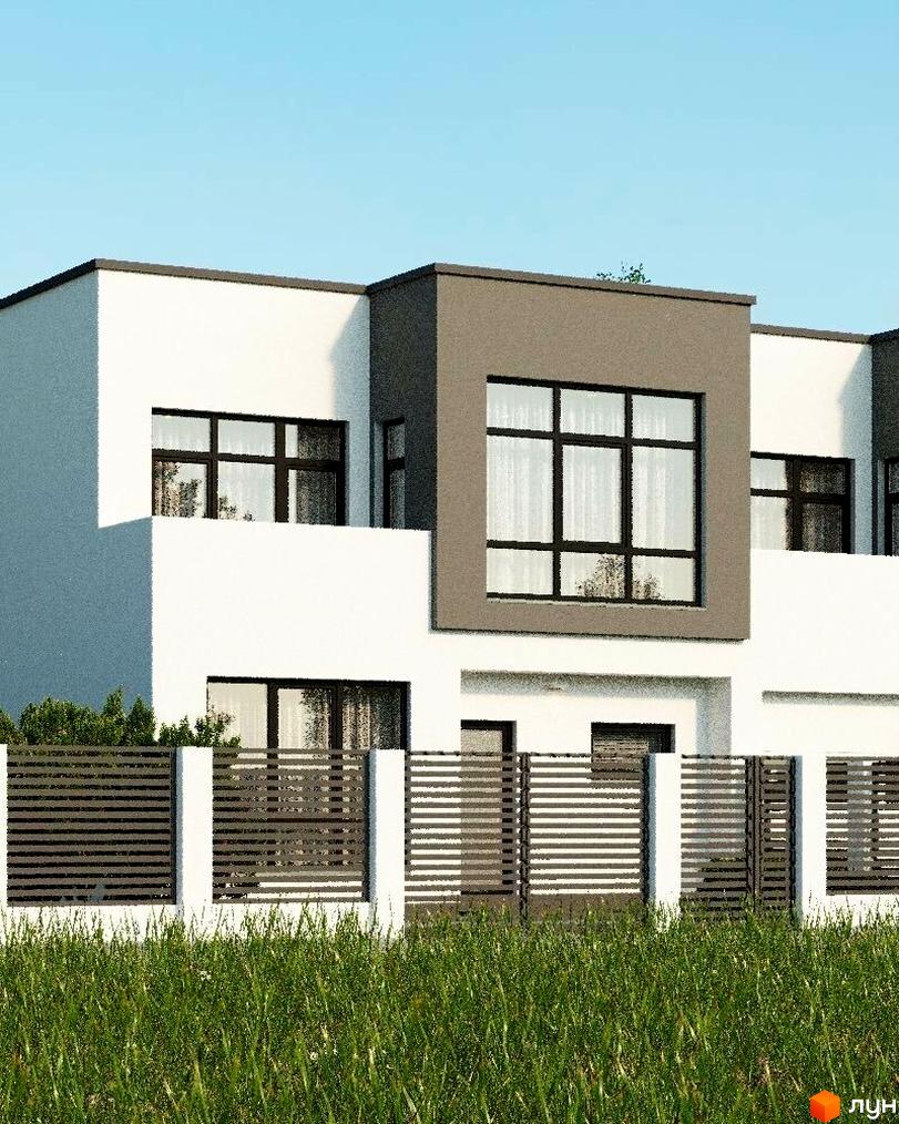 Таунхауси Sttk #9 – двоповерхові будинки з великими вікнами та сірим фасадом, огороджені парканом з горизонтальними ламелями.