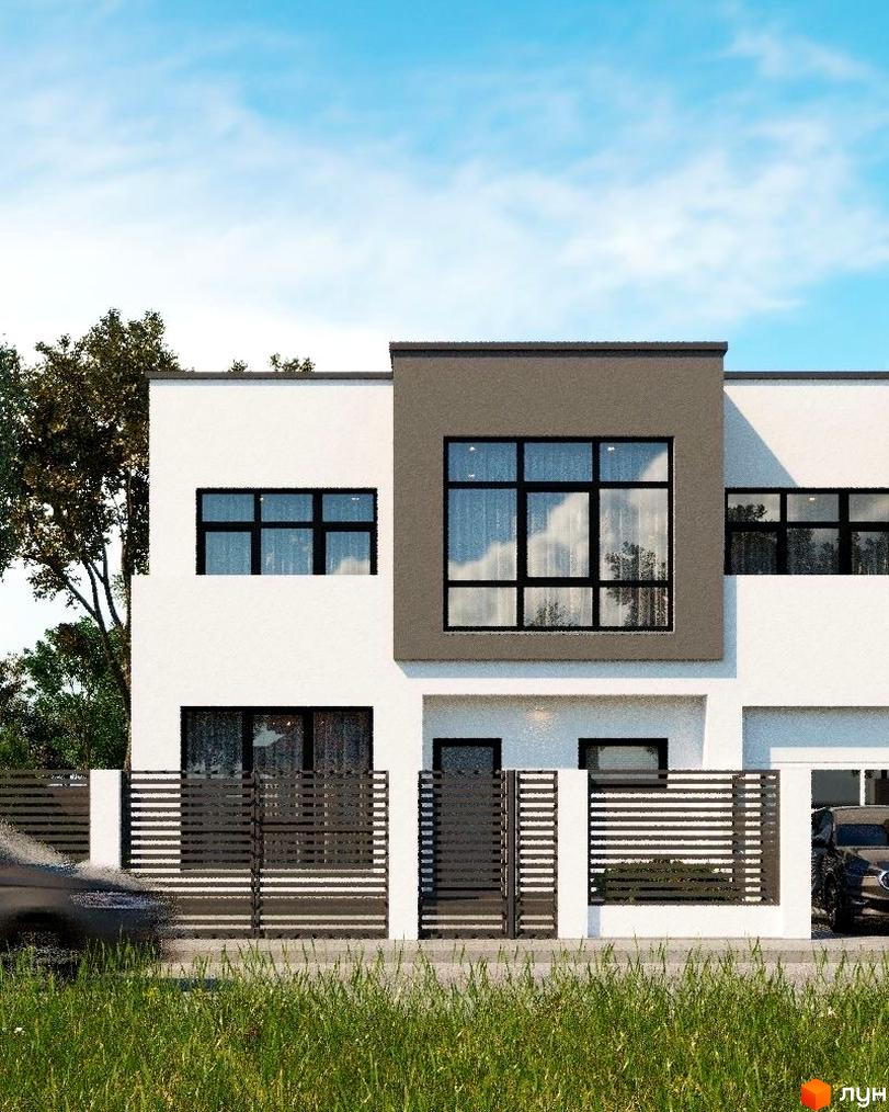 Таунхауси „Sttk #9“ – двоповерхові будинки з великими вікнами та сучасними парканами. Перед будинками розташована зелена зона та проїжджа частина.