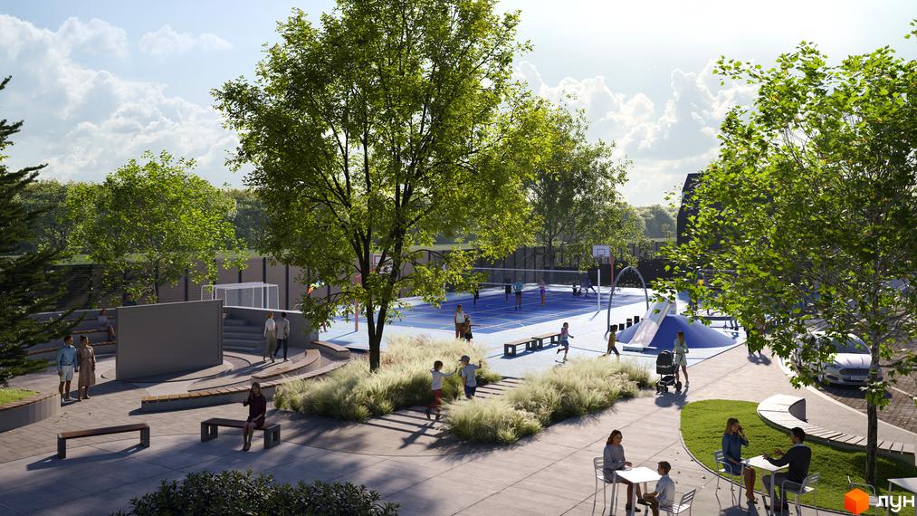 КМ SOHO: сучасний житловий комплекс з баскетбольним майданчиком, волейбольним полем та дитячим майданчиком. Територія комплексу озеленена та облаштована зонами відпочинку.