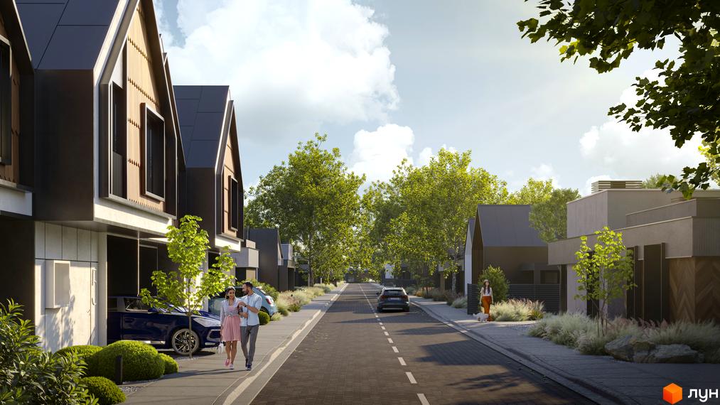 Котеджне містечко КМ SOHO: фасади будинків з дерев'яними елементами та темними дахами, доглянута прибудинкова територія з деревами та кущами.