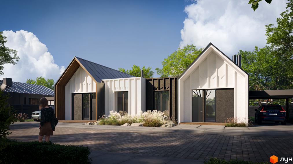 Котеджне містечко SOHO з білими фасадами та темними дахами, розташоване на бруківці з доглянутою прибудинковою територією та автомобілем.