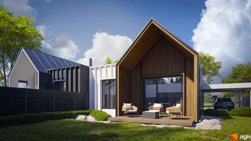 Котеджне містечко КМ SOHO: двоповерховий будинок з дерев'яним фасадом та терасою, поруч зелена галявина та навіс для авто.