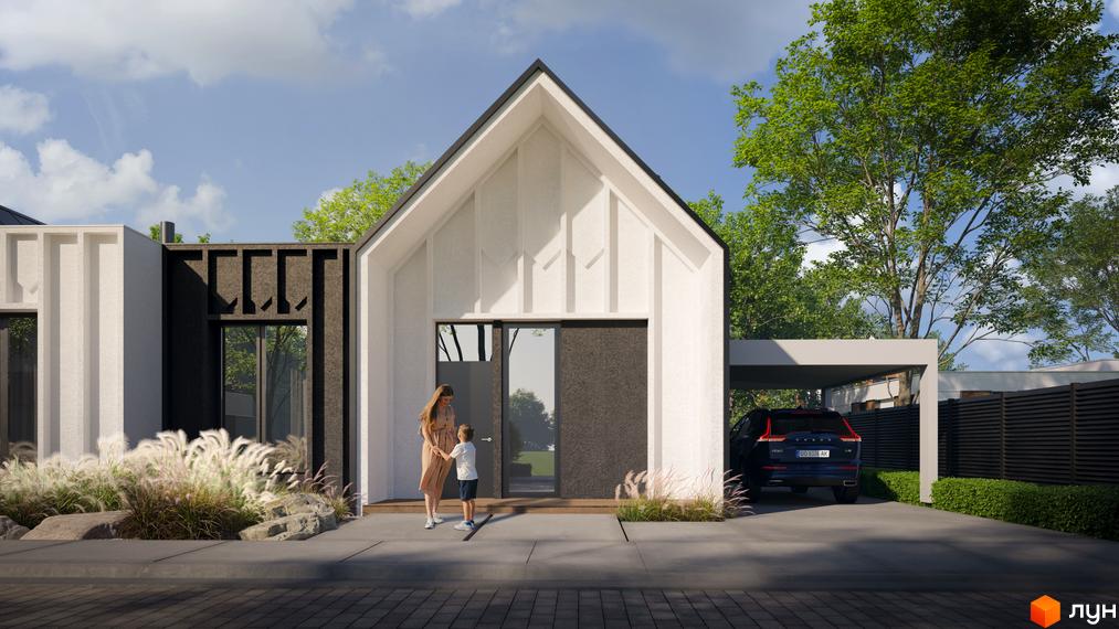 Котеджне містечко KМ SOHO: фасад будинку з панорамними вікнами та навісом для авто. Прибудинкова територія з деревами та ландшафтним дизайном.