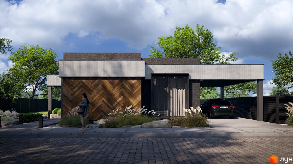 Котеджне містечко КМ SOHO: одноповерховий будинок з дерев'яним фасадом та навісом для авто. Прибудинкова територія з ландшафтним дизайном та парканом.