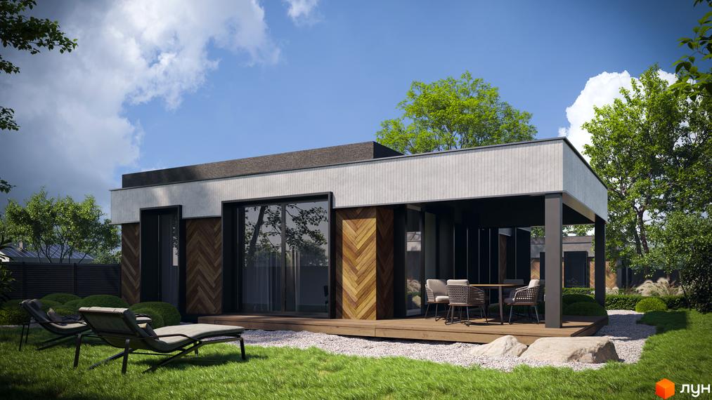 Котеджне містечко KМ SOHO з терасою та зоною відпочинку. Навколо будинку доглянутий зелений газон та дерева.