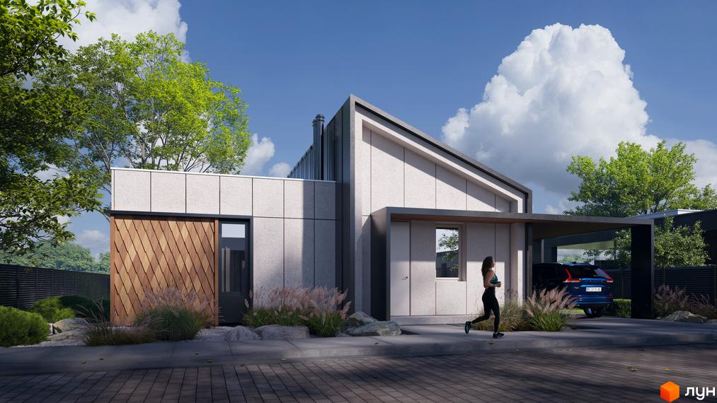 Котеджне містечко КМ SOHO: двоповерховий будинок з сірим фасадом та дерев'яними елементами, навіс для авто, зелена територія.