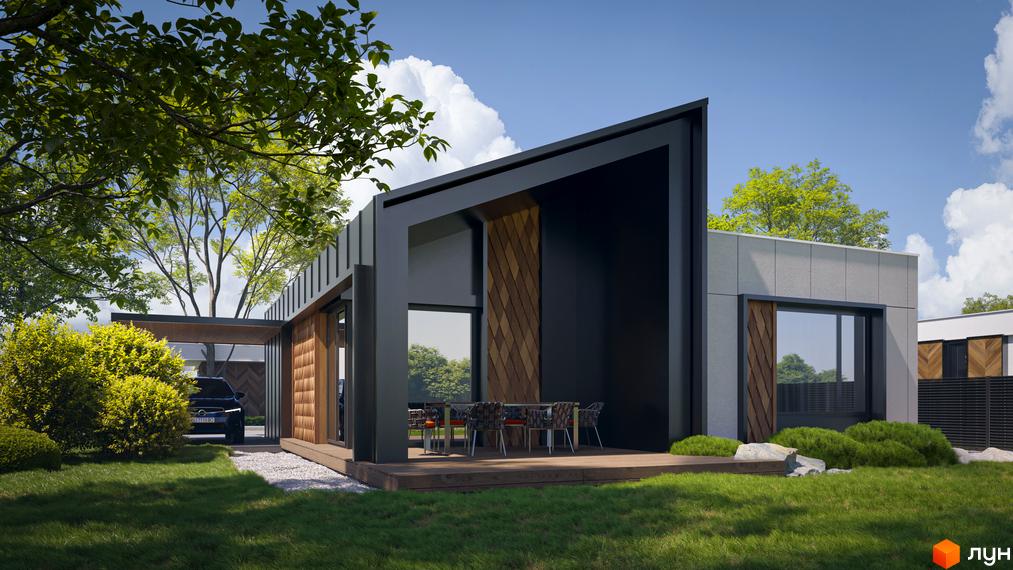 Котеджне містечко KМ SOHO: будинок з дерев'яними та сірими панелями, великими вікнами, терасою та зоною для відпочинку. Прибудинкова територія з газоном, кущами та деревами.