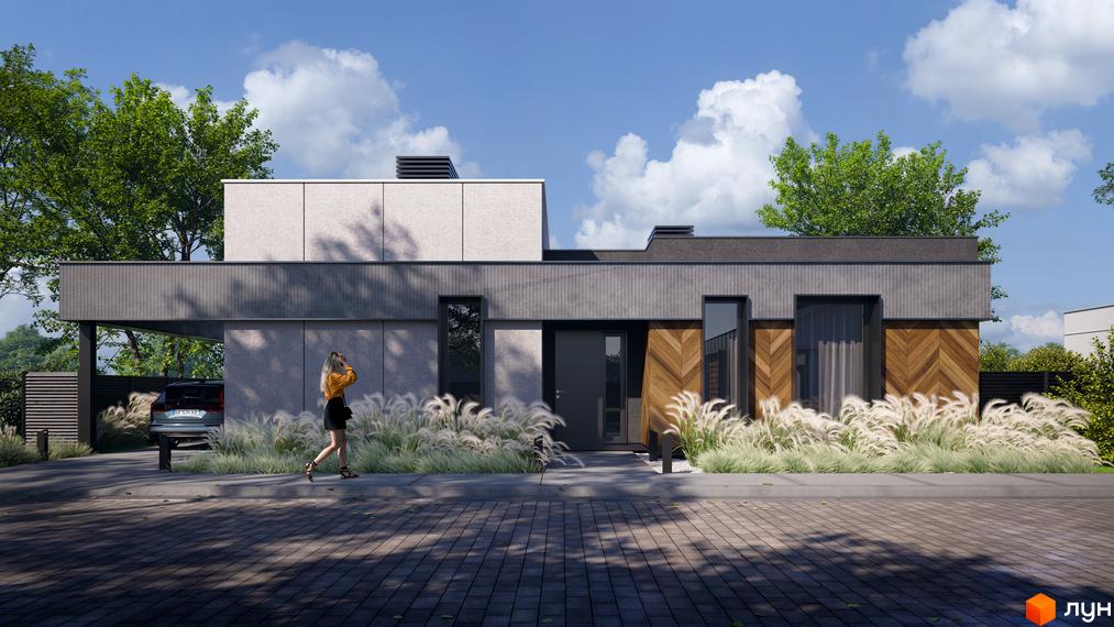 Котеджне містечко КМ SOHO: одноповерховий будинок з сірим фасадом, дерев'яними елементами та навісом для авто. На прибудинковій території – доглянутий газон та декоративні рослини.