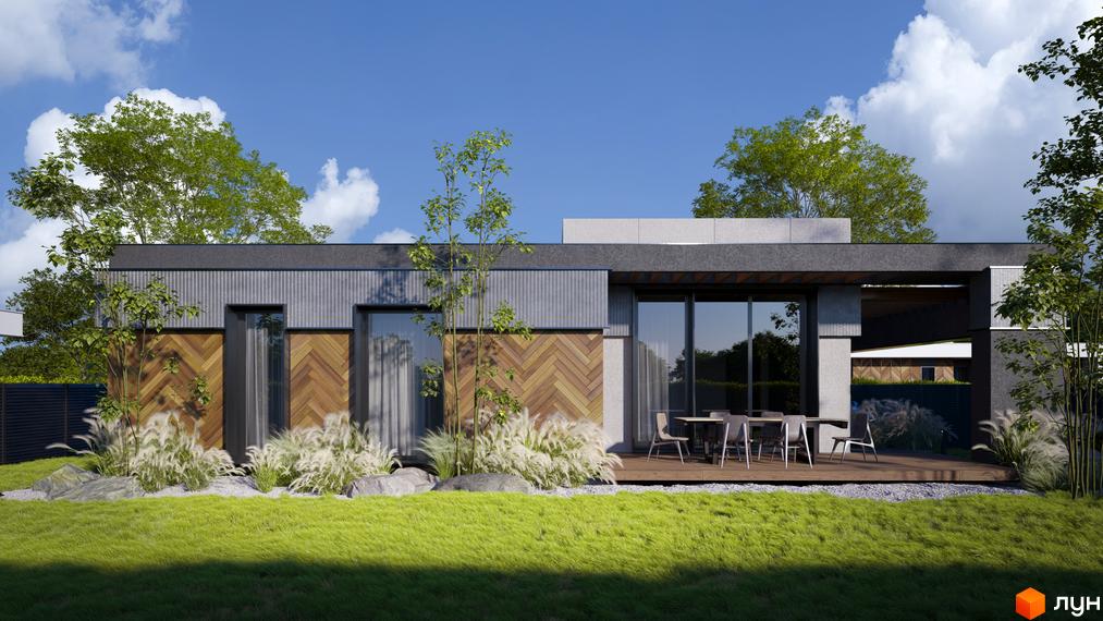 Котеджне містечко SOHO: одноповерхова новобудова з дерев'яним фасадом та великими вікнами, розташована на доглянутій зеленій ділянці з травою та рослинами.