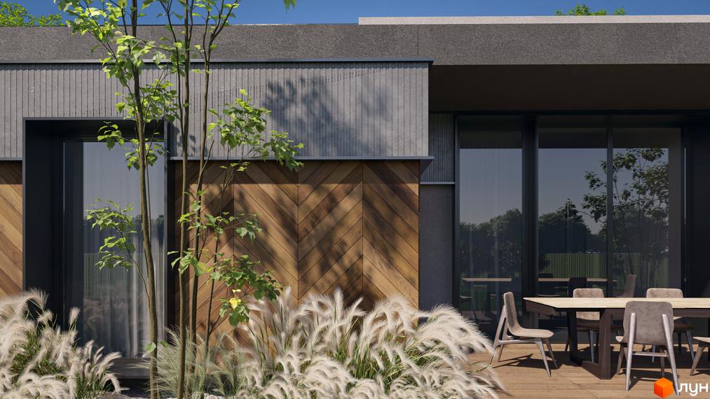 Котеджне містечко КМ SOHO з дерев'яним фасадом та великими вікнами, облаштованою терасою та зеленою зоною.