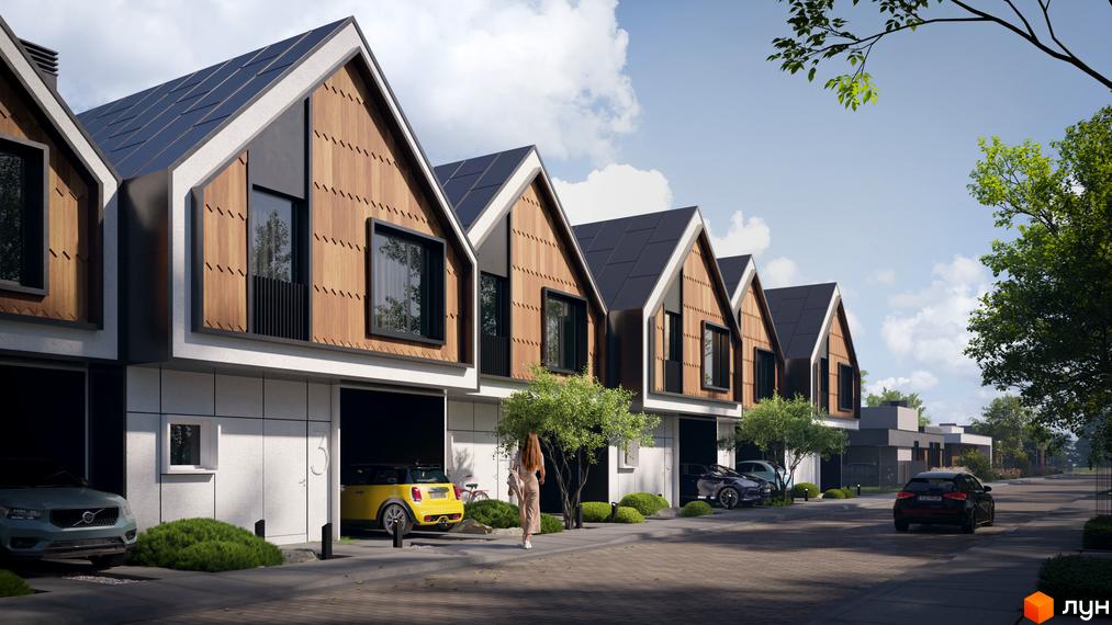 Котеджне містечко КМ SOHO: фасади будинків з дерев'яним оздобленням та сонячними панелями, прибудинкова територія з автомобілями та зеленими насадженнями.