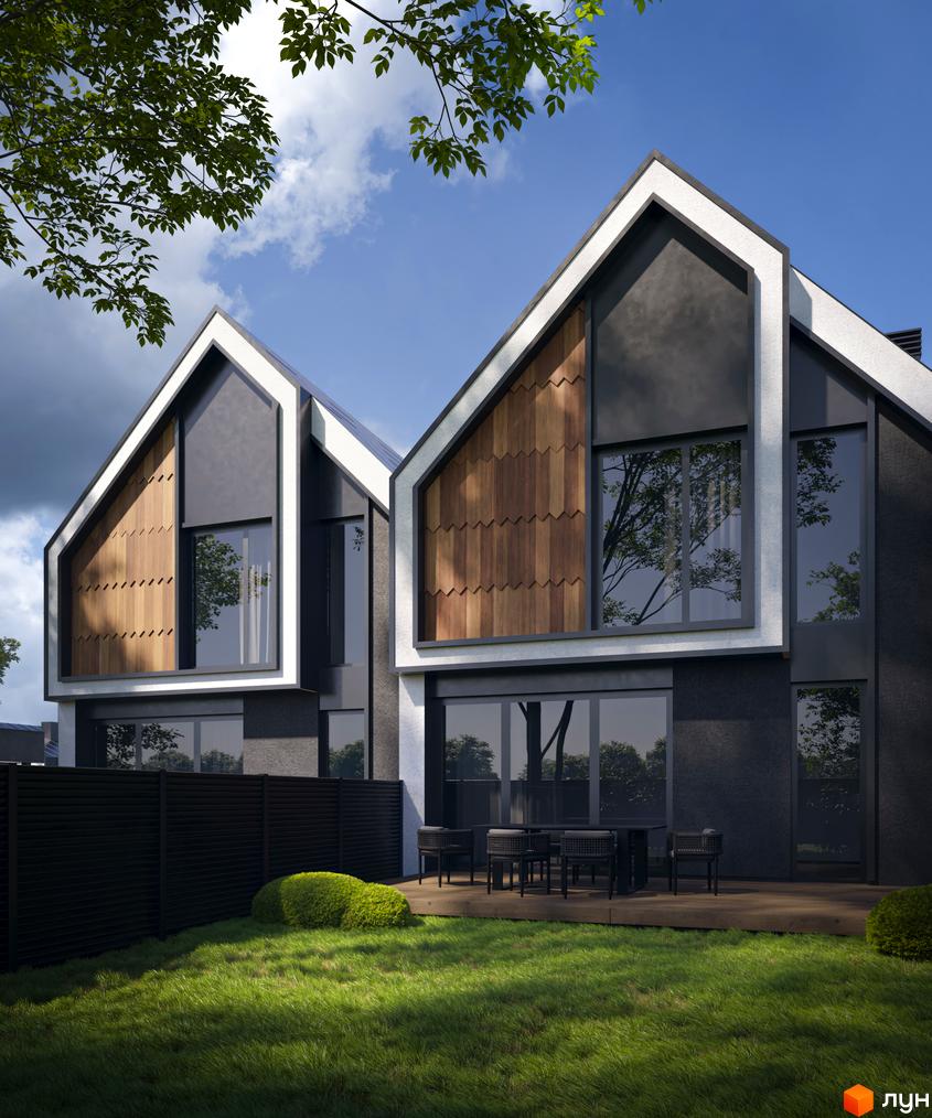 Котеджне містечко КМ SOHO з сучасним дизайном фасадів та дерев'яними елементами, зелений газон та зона відпочинку з меблями на терасі.