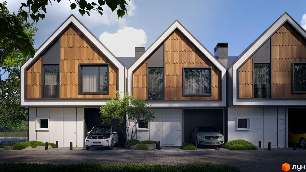 Котеджне містечко КМ SOHO: фасади будинків з дерев'яними елементами, панорамними вікнами, гаражами та доглянутою прибудинковою територією з деревами та кущами.